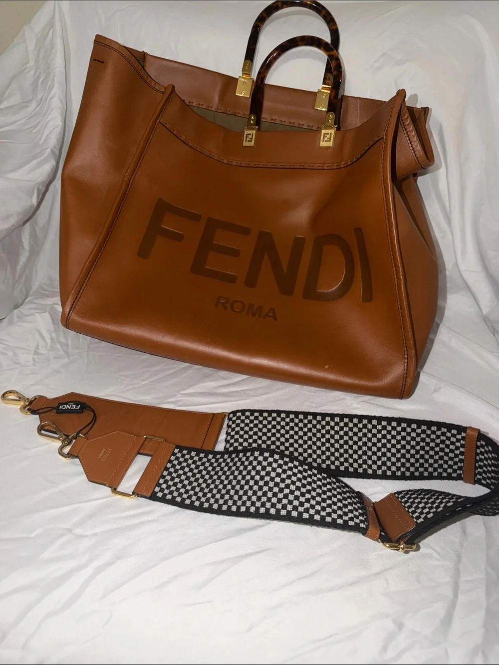 Fendi Cognac Leather ROMA Tote with Tortoiseshell Handles